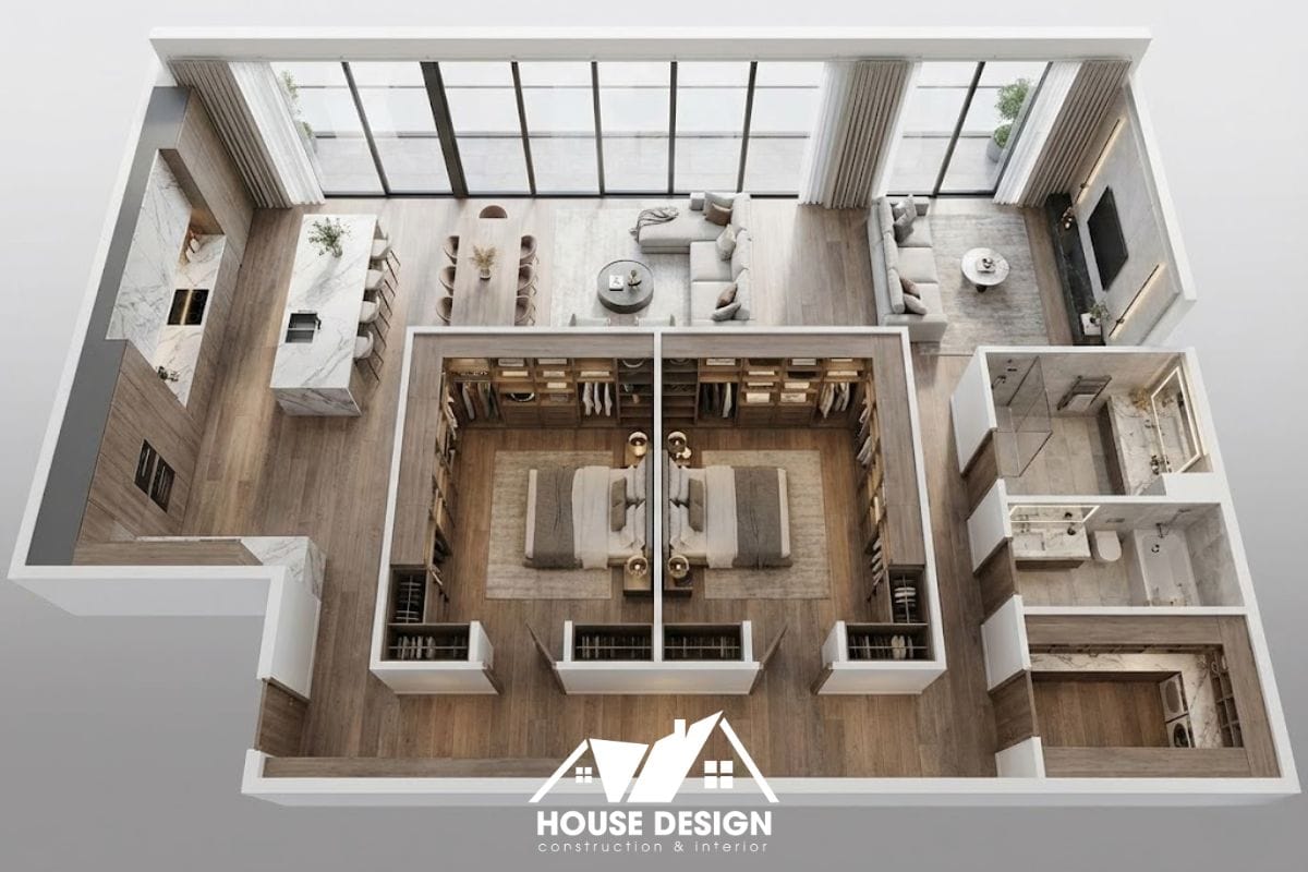 Sơ đồ 3D căn hộ 100m2 với cụm phòng ngủ được gom lại thành khối riêng