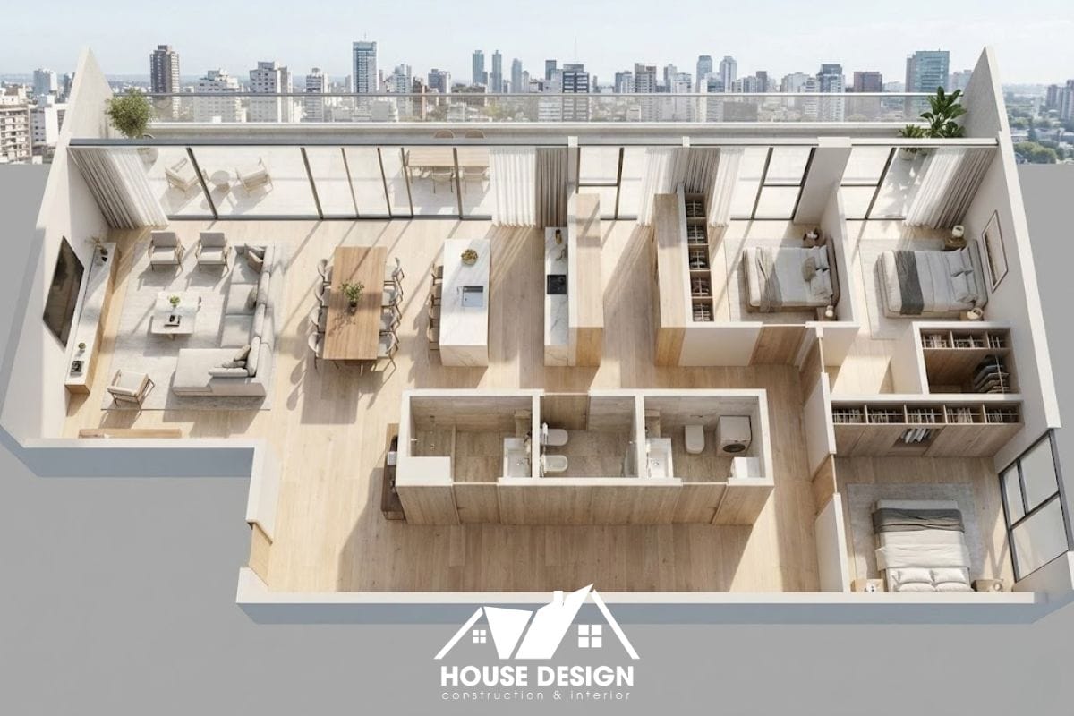 Thiết kế 3D căn hộ chữ nhật với toàn bộ phòng khách bếp hướng ra ban công dài