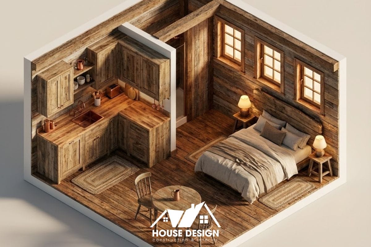 Sơ đồ 3D căn hộ 30m2 sử dụng nội thất gỗ chủ đạo và bếp chữ L.