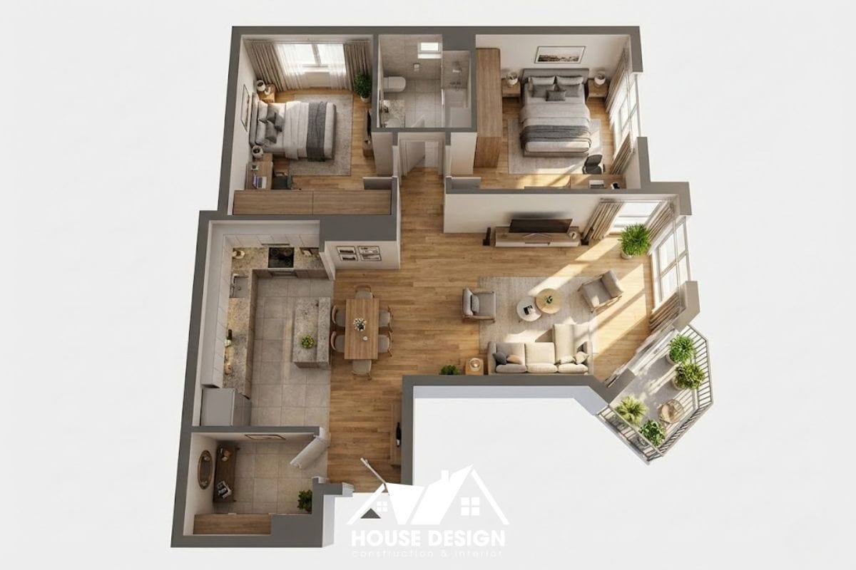 Thiết kế 3D căn hộ có phòng khách góc và lối đi chữ L