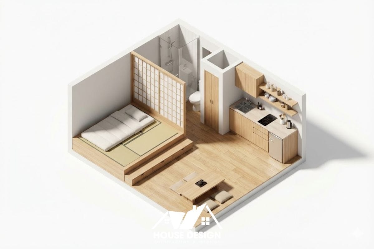 Bản vẽ 3D căn hộ studio nhỏ phong cách Nhật Bản với nội thất thông minh.