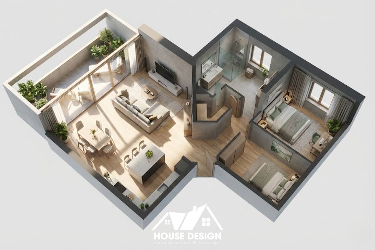 Bản vẽ 3D căn hộ chia khối rõ rệt: khu khách bếp liên thông và khu ngủ riêng biệt