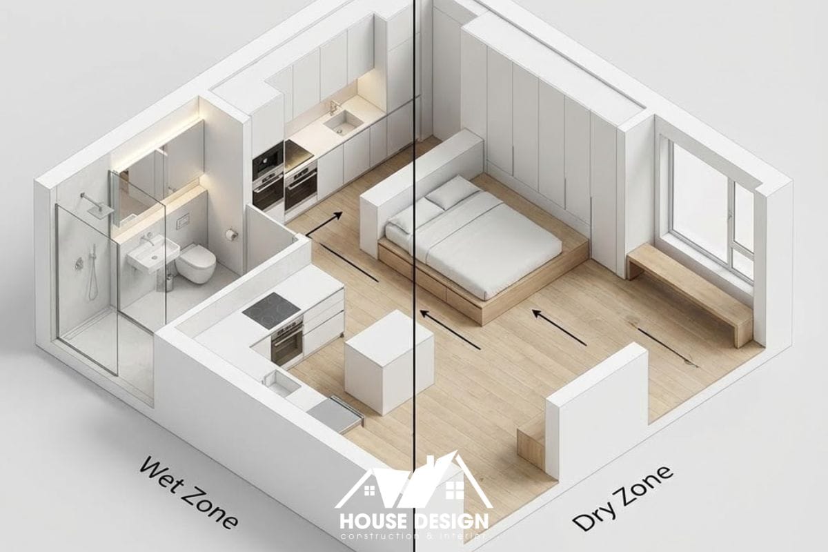 Mô hình 3D phân chia khu ướt và khô trong căn hộ tối giản.