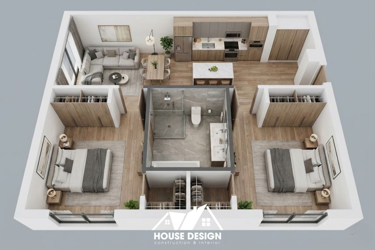 Sơ đồ 3D căn hộ bố trí cụm nhà tắm ở chính giữa phân chia không gian