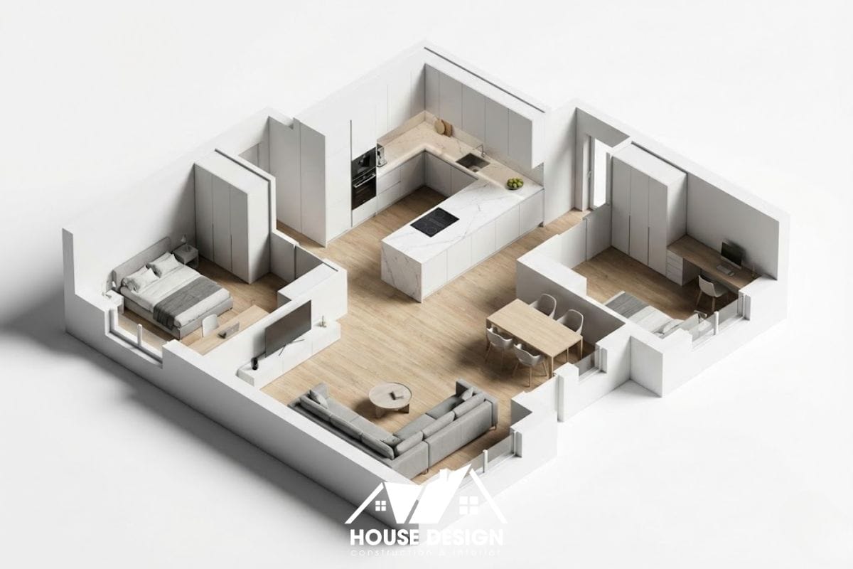 thiết kế bếp chữ L kết hợp đảo bếp hiện đại trong căn hộ chung cư