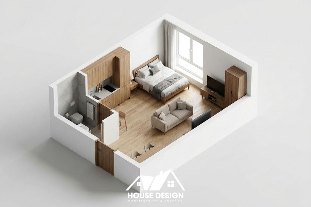 sơ đồ 3D bố trí căn hộ 20m2 với giường ngủ sát cửa sổ và sofa ở trung tâm