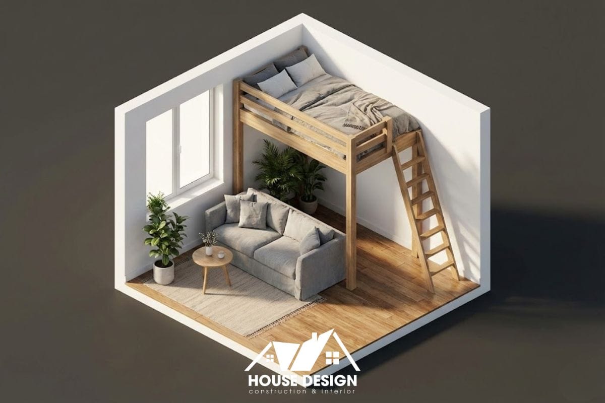Sơ đồ 3D căn hộ 10m2 với giường tầng cao và sofa tiếp khách bên dưới