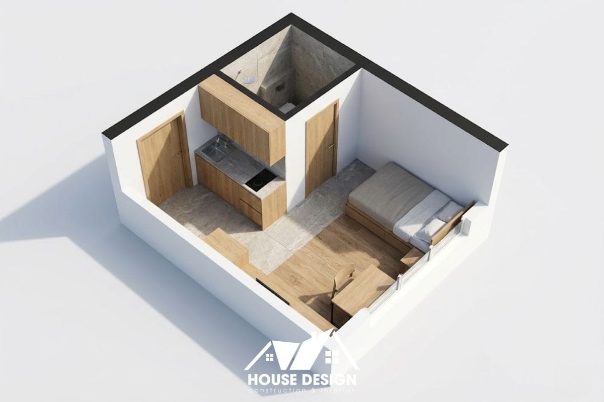 Bản vẽ 3D mặt bằng tổng thể căn hộ 10m2 có nhà vệ sinh khép kín