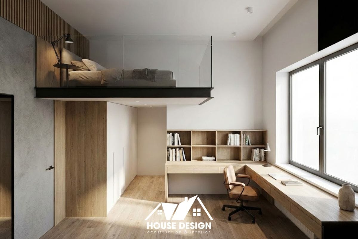 Bản vẽ 3D gác lửng kính sang trọng kết hợp bàn làm việc dài bên dưới