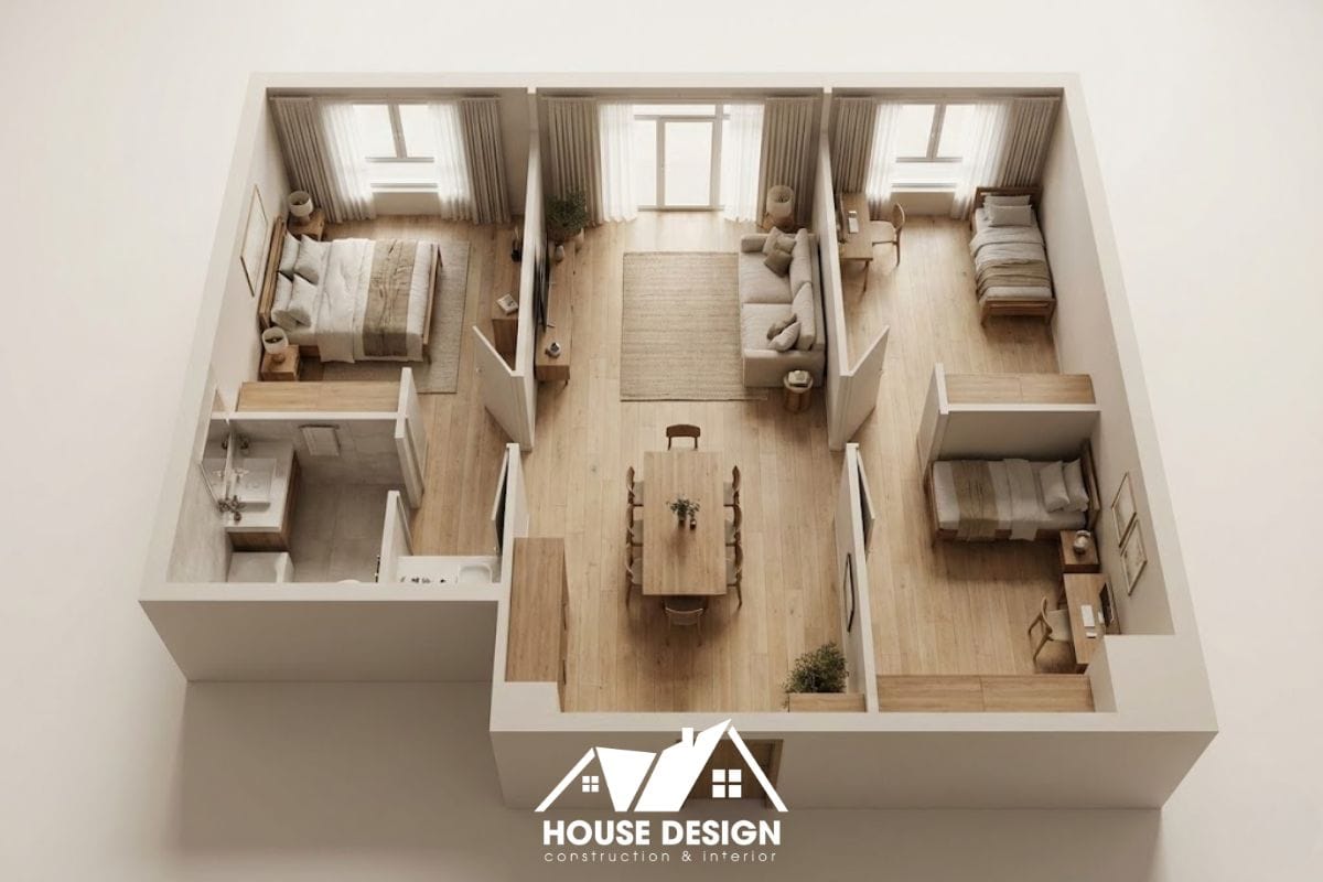 bản vẽ 3d căn hộ chung cư với phòng khách nằm giữa và 3 phòng ngủ bao quanh