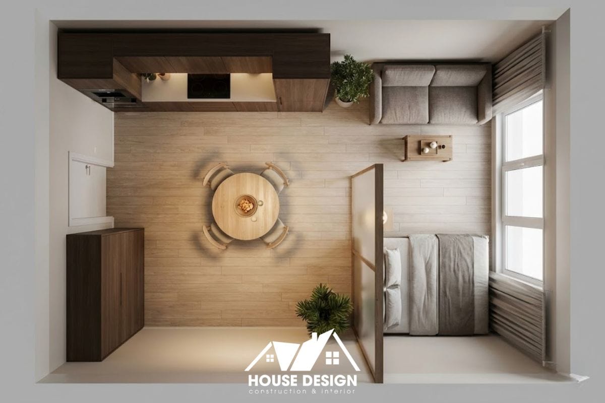 sơ đồ 3D thiết kế căn hộ 20m2 với khu bếp ăn rộng và vách ngăn phòng ngủ