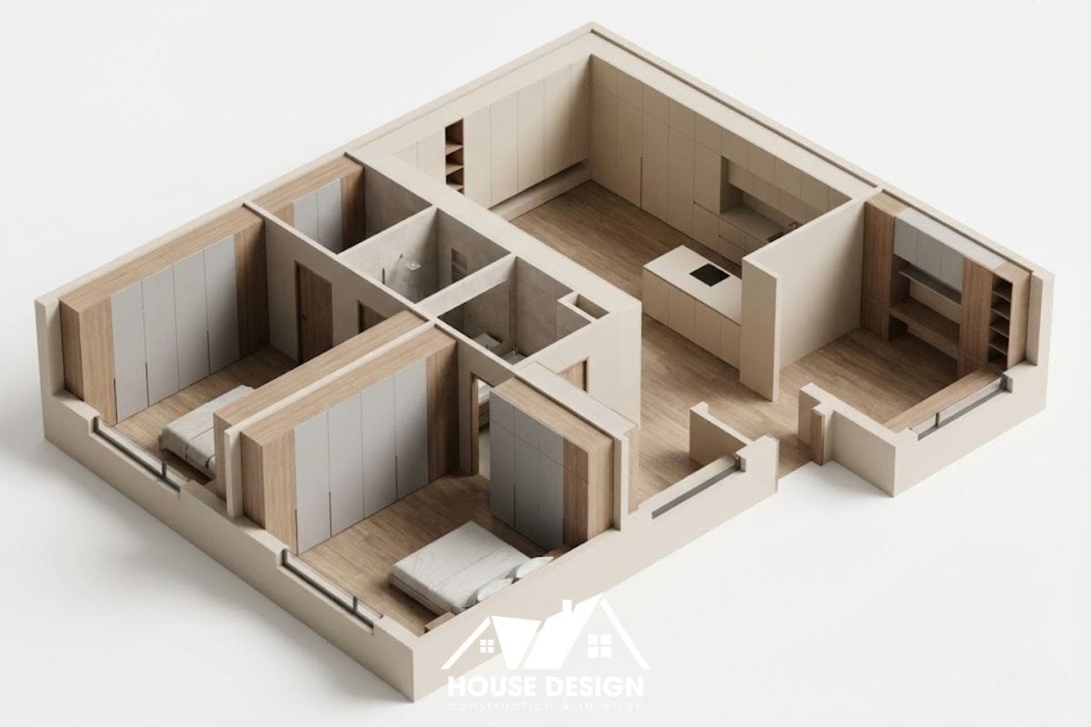 thiết kế 3d mặt bằng căn hộ tối ưu diện tích với hệ tủ âm tường”