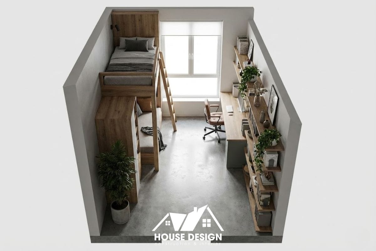 Mô hình 3D bố trí phòng hẹp dài với giường loft và bàn học chạy dọc cửa sổ