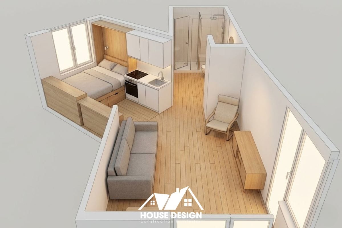 mô hình 3D căn hộ 20m2 bố trí nội thất thẳng hàng tạo lối đi rộng