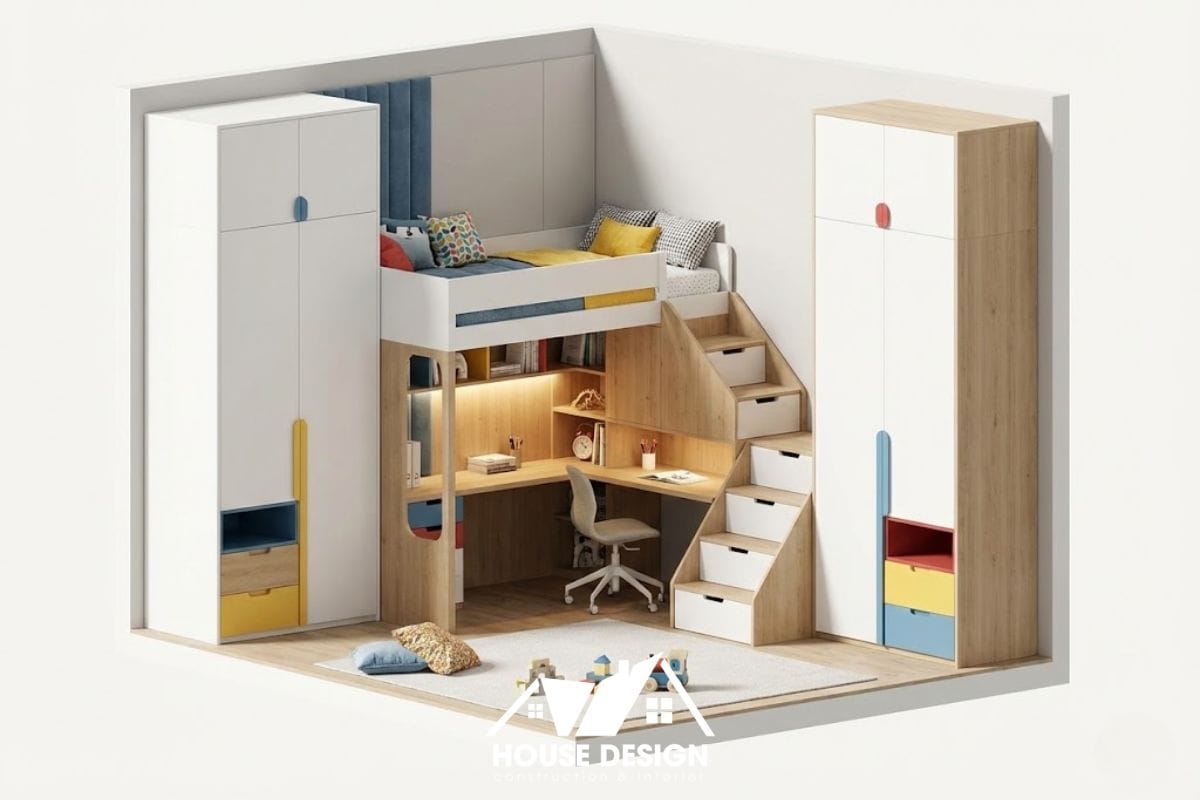 Thiết kế 3D phòng ngủ nhỏ cho bé với giường trên cao và thang chứa đồ