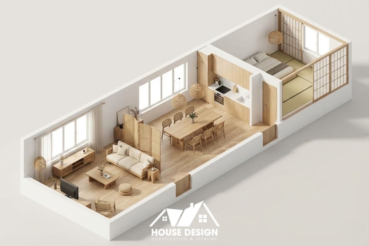 mô hình 3d căn hộ phong cách japandi với trục khách bếp chạy dọc