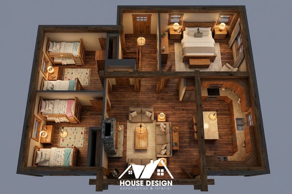 bản vẽ 3d nội thất căn hộ nhiều gỗ cho gia đình có trẻ nhỏ