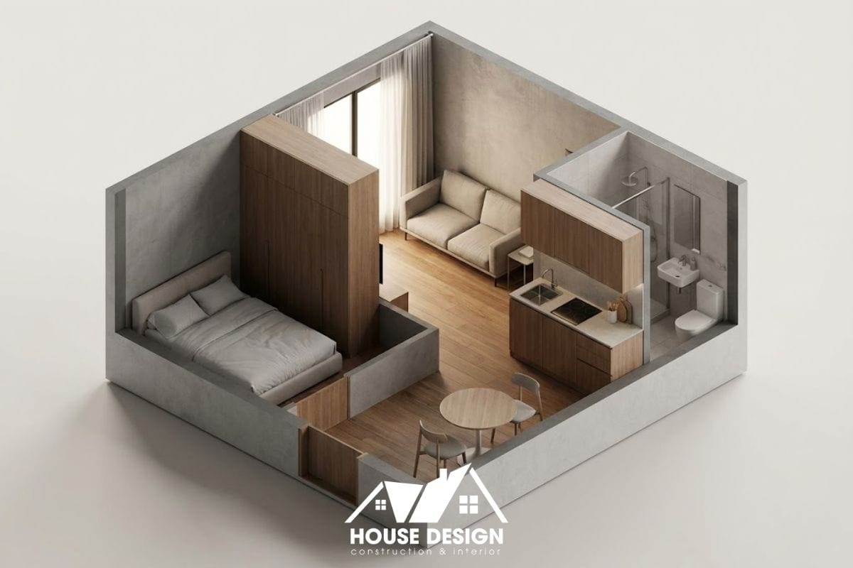 sơ đồ 3D căn hộ 20m2 chia hai nửa khu ngủ và khách cân đối