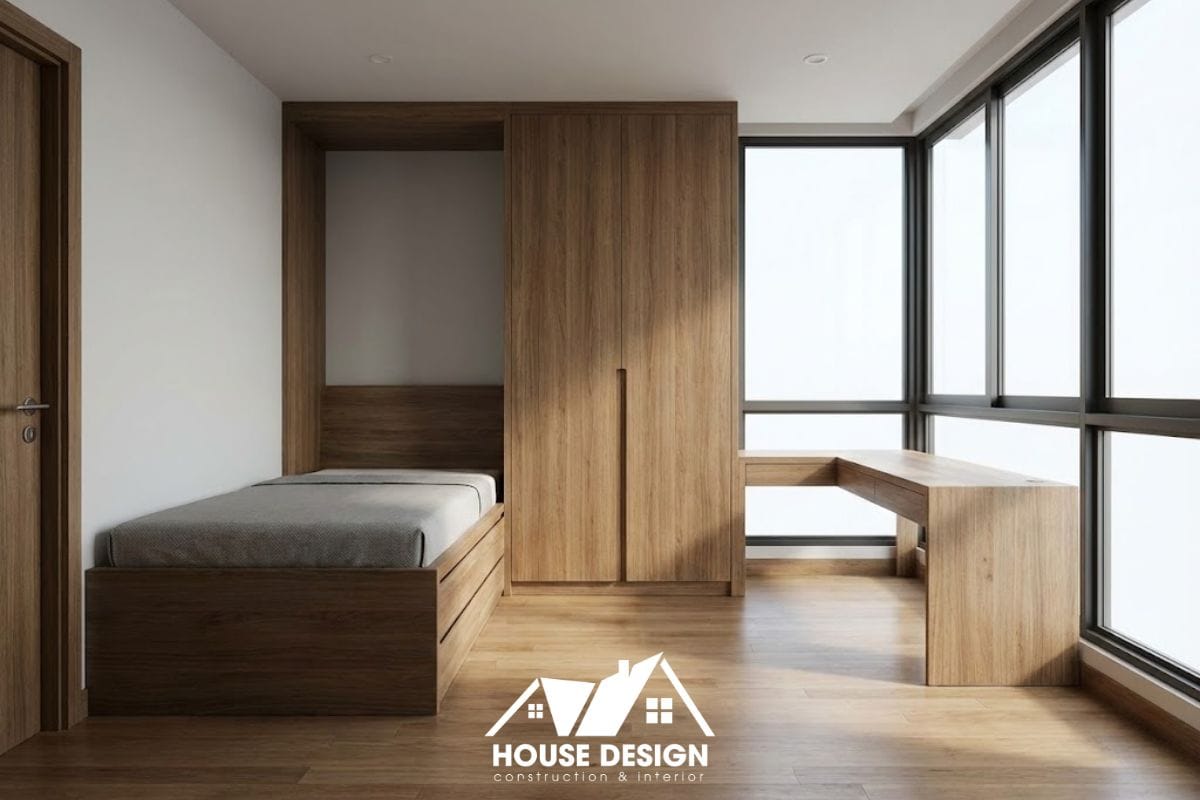 Bản vẽ 3D hệ nội thất liên hoàn giường tủ và bàn làm việc chữ L