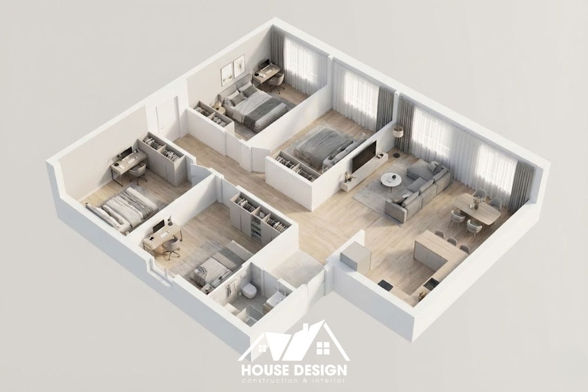 sơ đồ 3d căn hộ có hành lang trung tâm dẫn vào 3 phòng ngủ