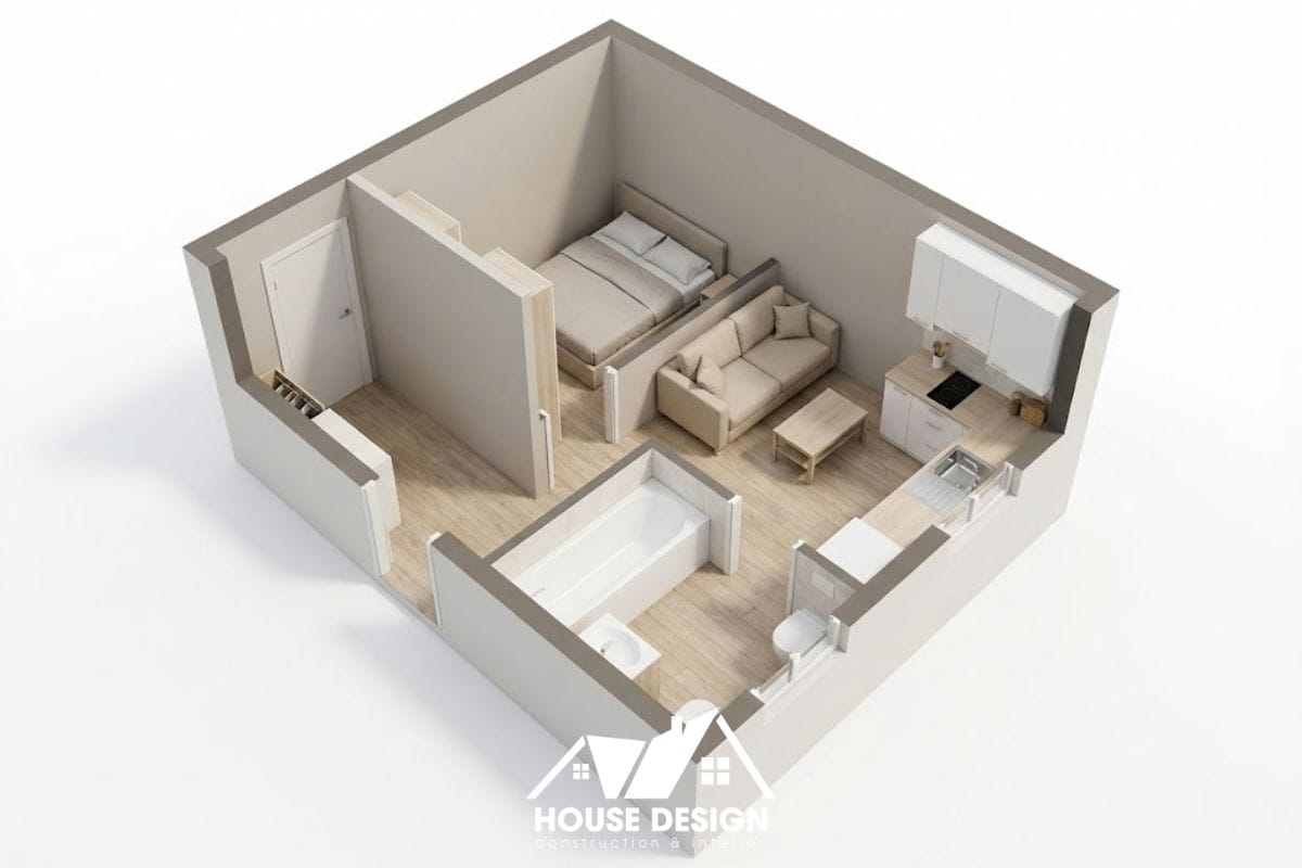 bản vẽ 3D căn hộ 20m2 có vách ngăn phòng ngủ và nhà tắm rộng