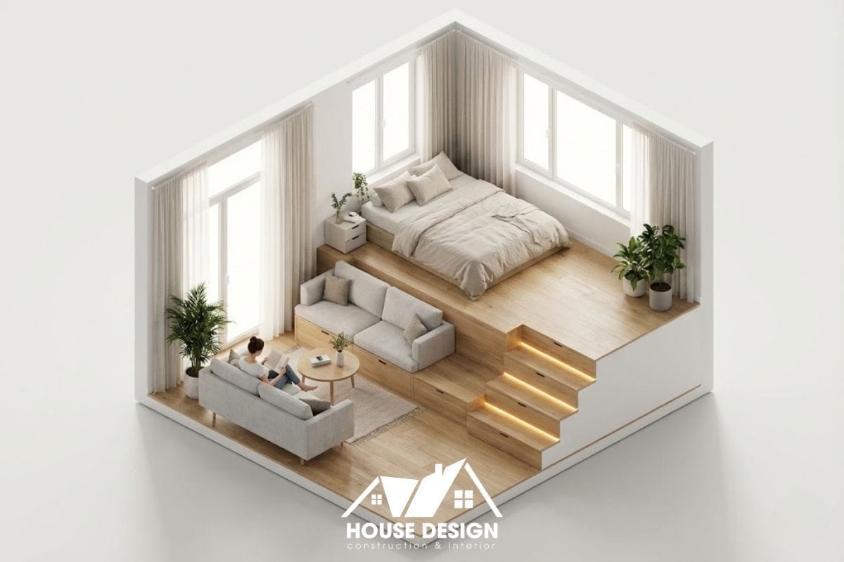 Mô hình 3D căn hộ lệch tầng phân chia khu khách và khu ngủ