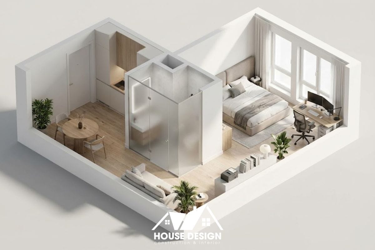 sơ đồ 3D căn hộ 20m2 với hành lang ở giữa và bàn làm việc cạnh cửa sổ