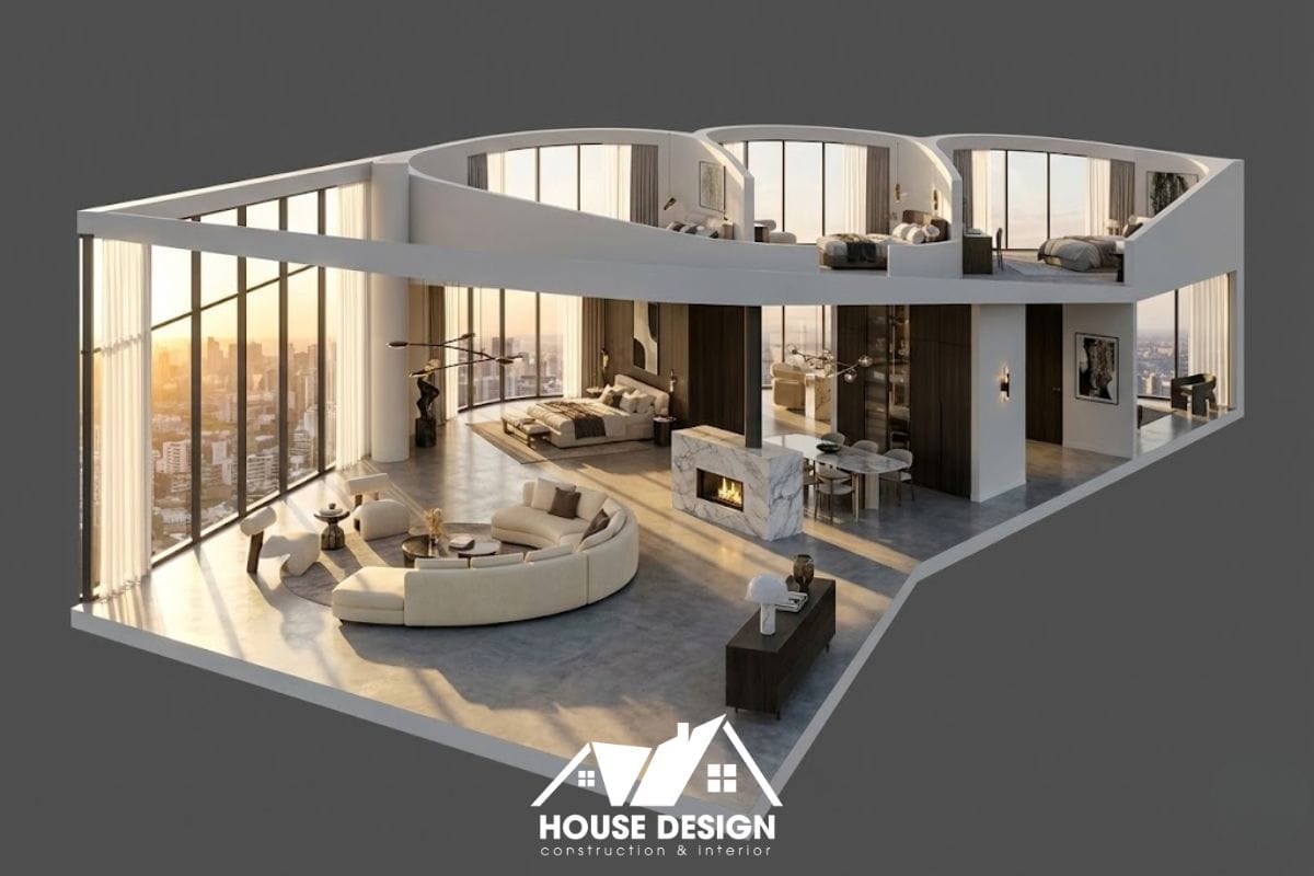 mô hình 3d căn hộ cao cấp với tường kính lớn hình đa giá