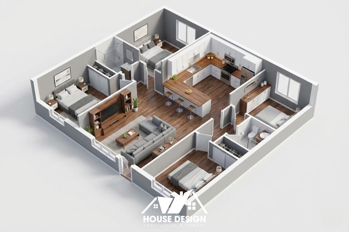 thiết kế 3d căn hộ chung cư với bếp chữ U và quầy bar