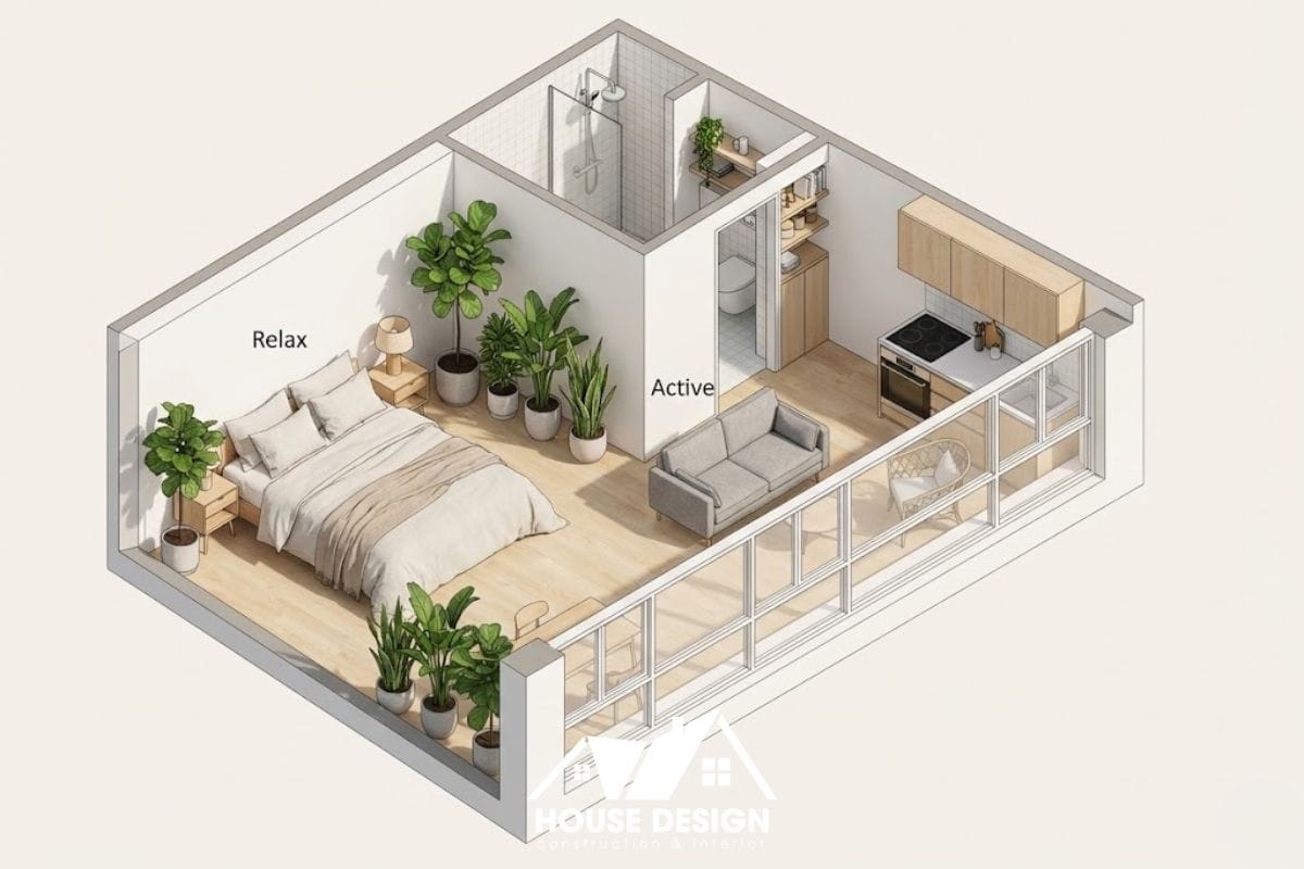 mô hình 3D căn hộ 20m2 phân khu thư giãn và sinh hoạt rõ ràng