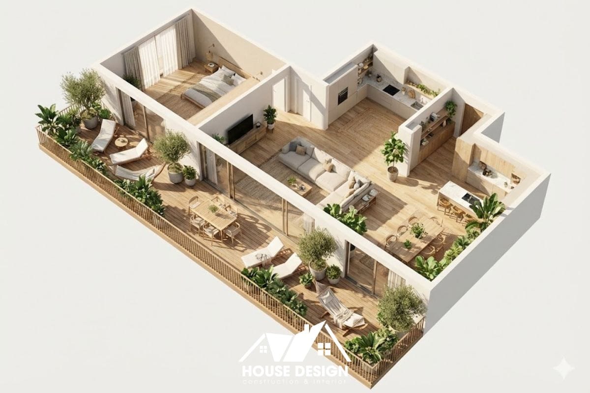 sơ đồ 3d căn hộ có ban công lớn thông với phòng ngủ và phòng khách