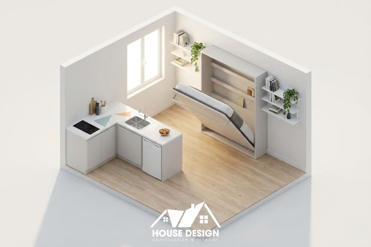 Phối cảnh 3D căn hộ mini có bếp chữ L và giường gấp thông minh