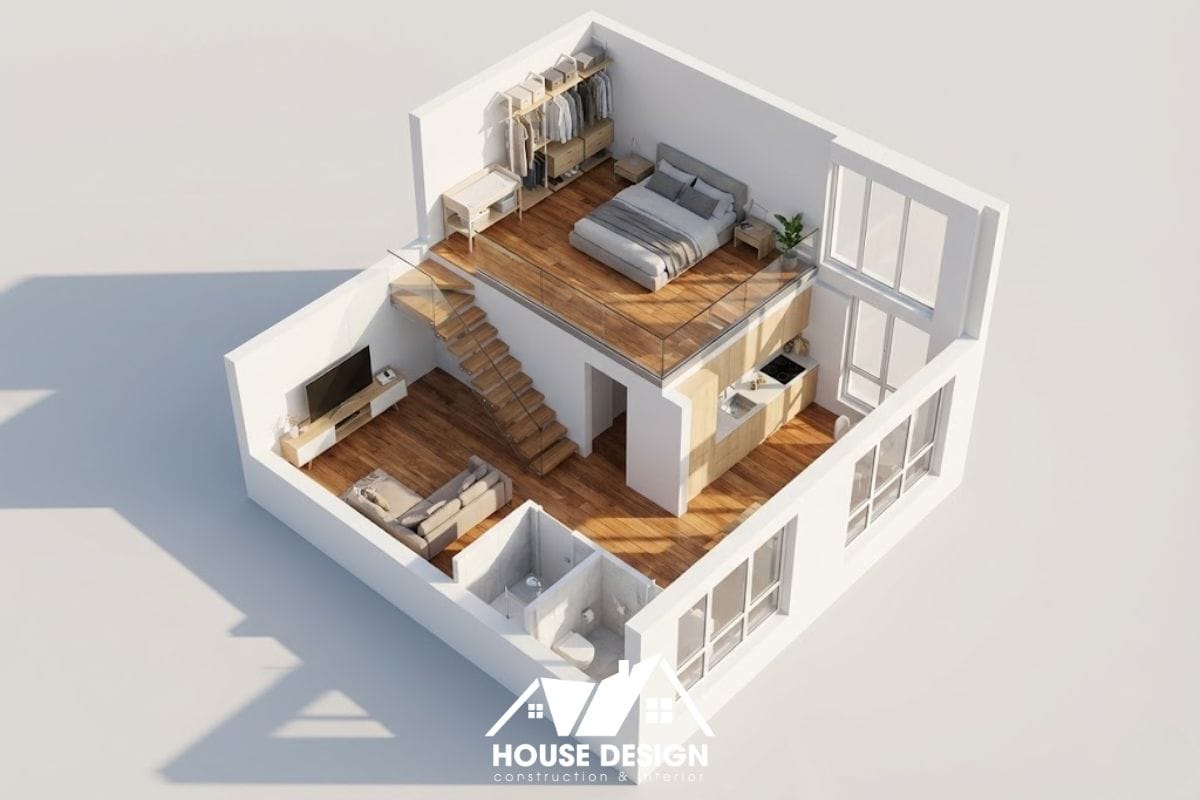 sơ đồ 3D phân chia khu vực sinh hoạt và nghỉ ngơi căn hộ 30m2 có gác