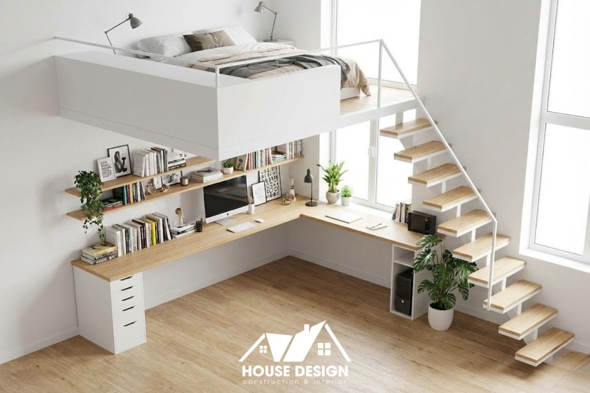 mô hình 3D phòng trọ 15m2 đẹp cho người trẻ với bàn làm việc dài