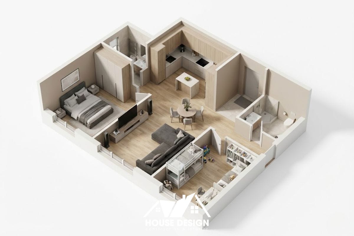 mô hình 3d căn hộ 2 phòng ngủ thiết kế hiện đại cho gia đình