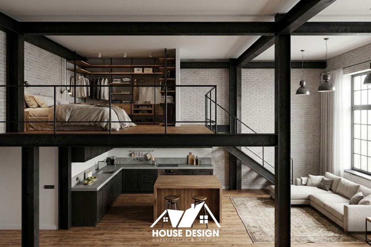 sơ đồ 3D kết cấu khung thép đen trong căn hộ phong cách Loft