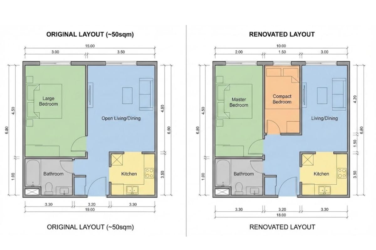 Bản vẽ so sánh mặt bằng căn hộ trước và sau khi cải tạo từ 1 phòng ngủ thành 2 phòng ngủ, tối ưu diện tích 50m2.