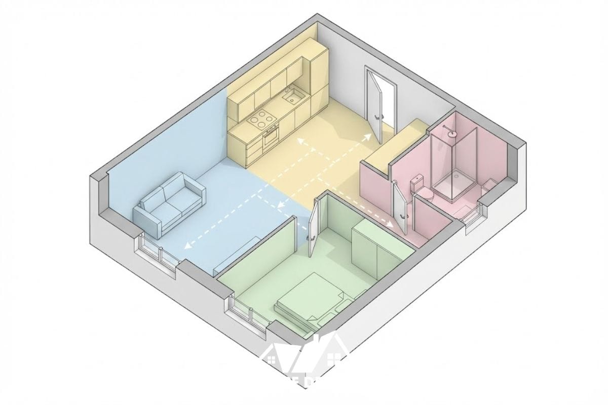 📝 Thẻ Alt: Sơ đồ 3D phân chia các khu vực chức năng trong căn hộ 30m2.