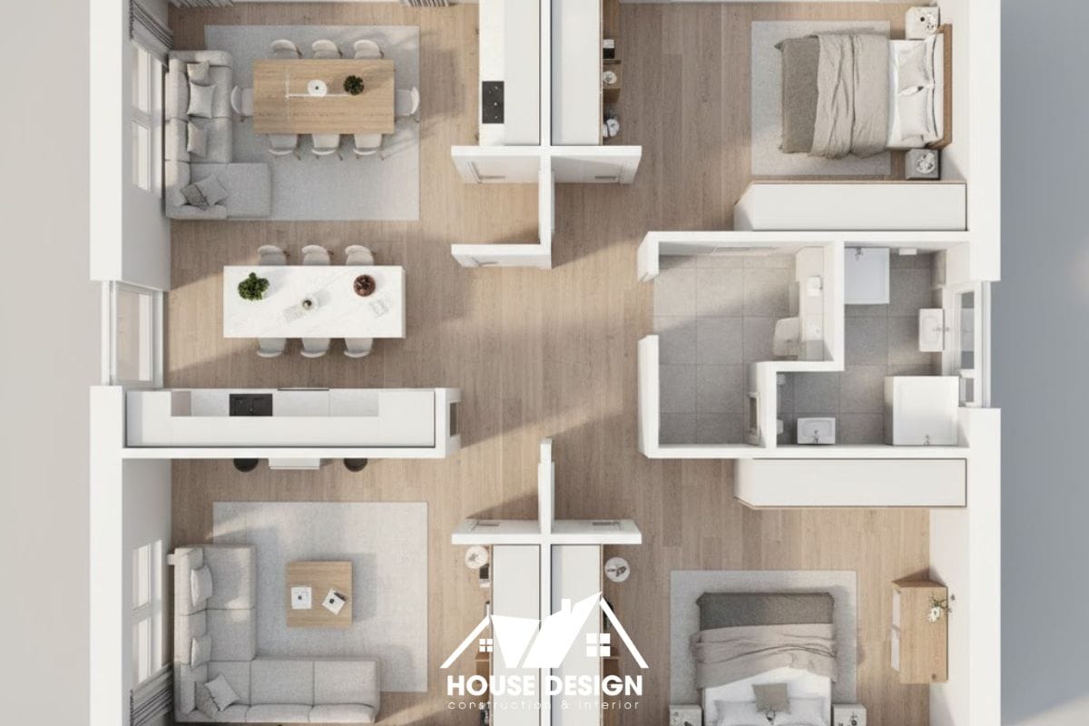 sơ đồ phân khu chức năng căn hộ 90m2 tách biệt khu động và tĩnh