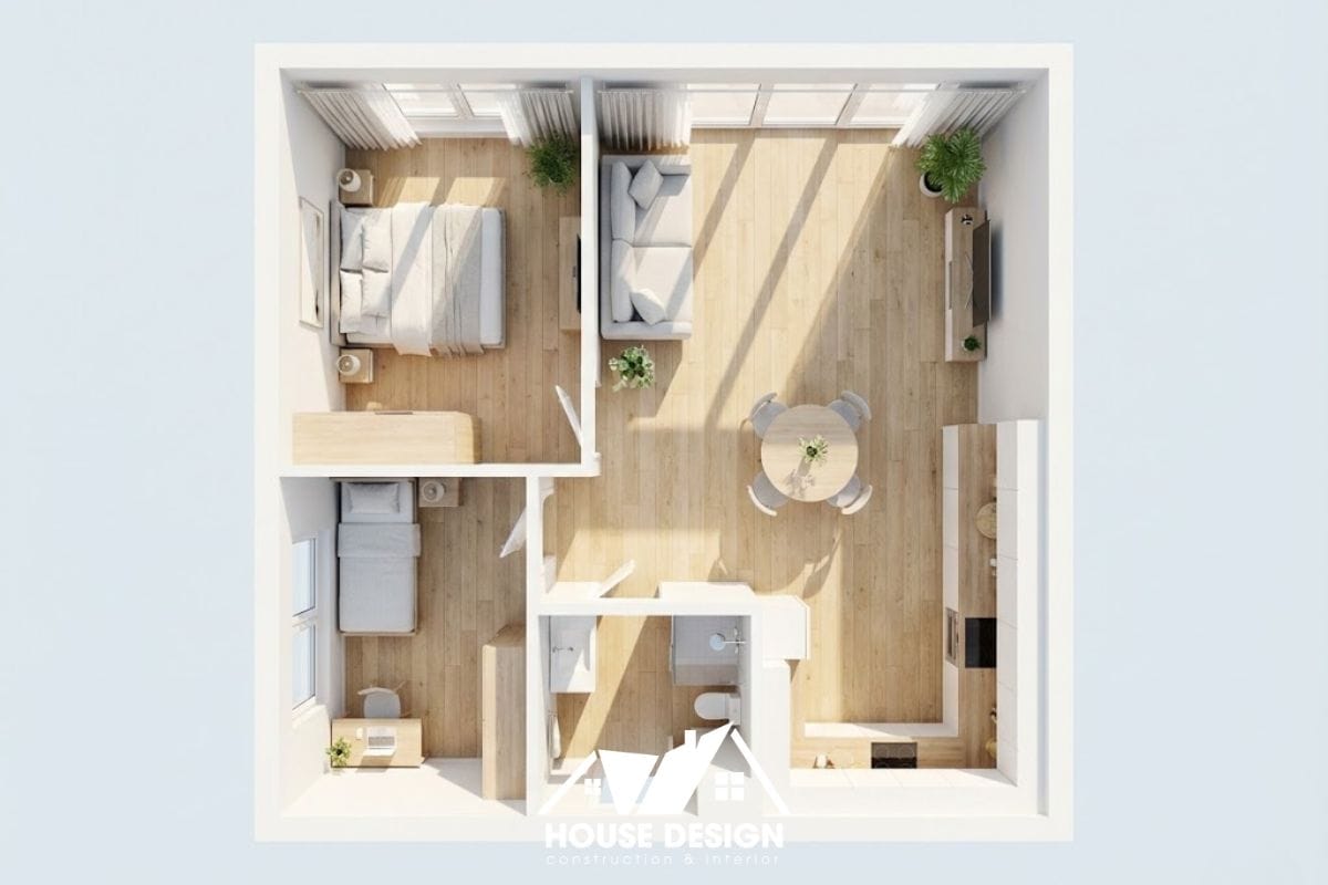 Phối cảnh mặt bằng căn hộ 40m2 phong cách Bắc Âu với phân khu vuông vức và sàn gỗ sáng màu.