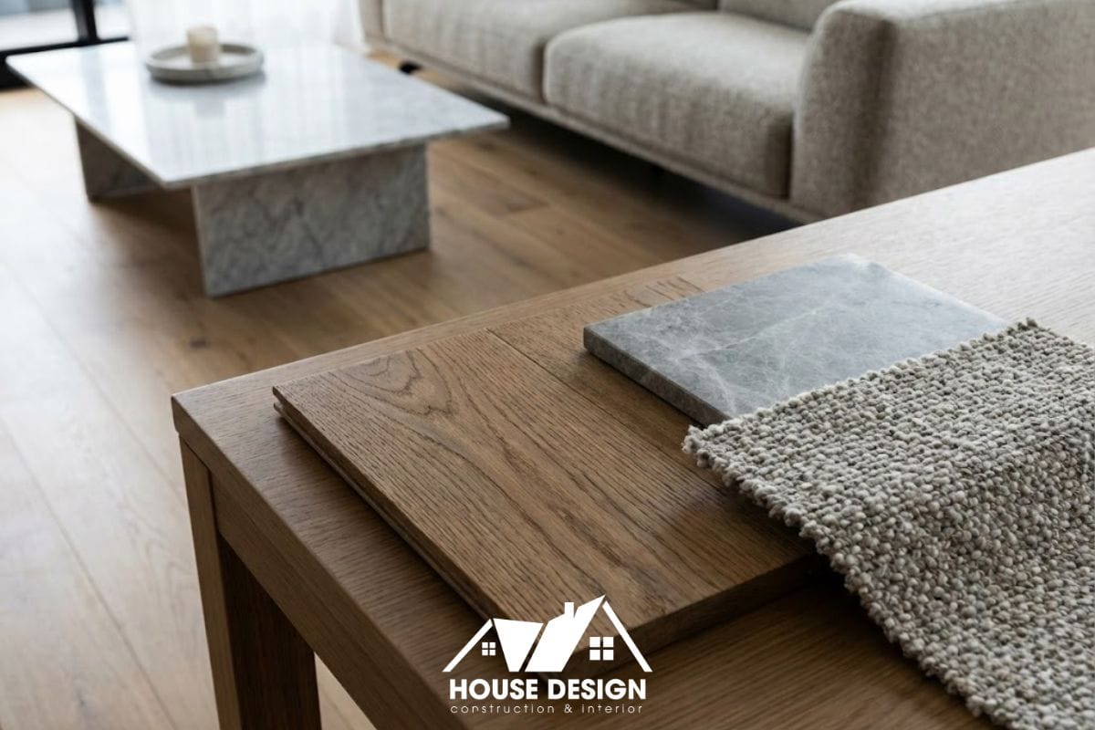 Cận cảnh các mẫu vật liệu nội thất gồm gỗ, đá và vải nỉ cao cấp dùng trong thiết kế phòng khách chung cư để tối ưu chi phí.