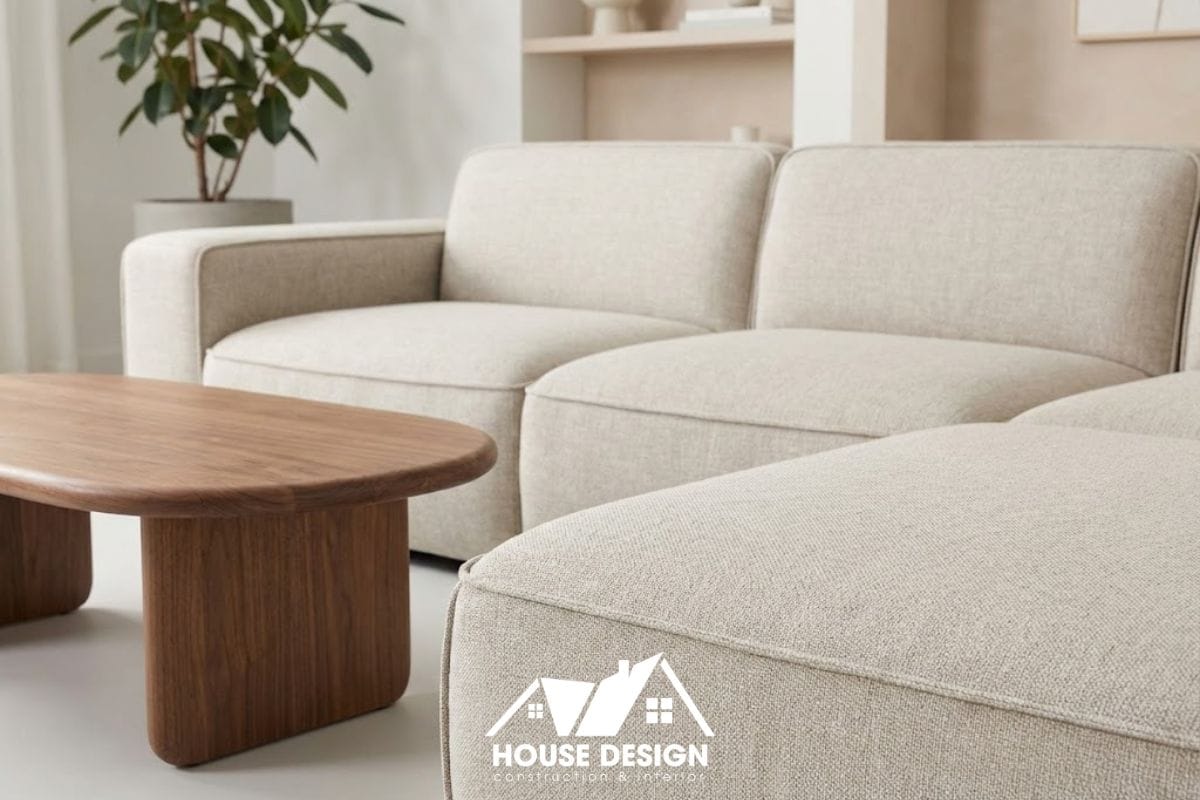 Bộ sofa module hiện đại kết hợp bàn trà bo góc an toàn, vật liệu dễ vệ sinh cho phòng khách chung cư.