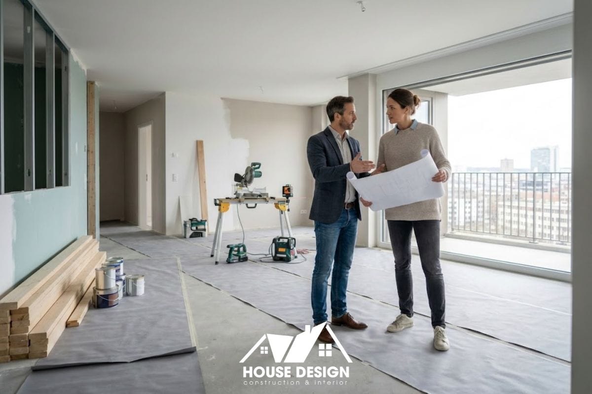 Không gian căn hộ chung cư đang trong quá trình cải tạo với các kỹ sư đang kiểm tra bản vẽ, đảm bảo đúng quy định sửa chữa.