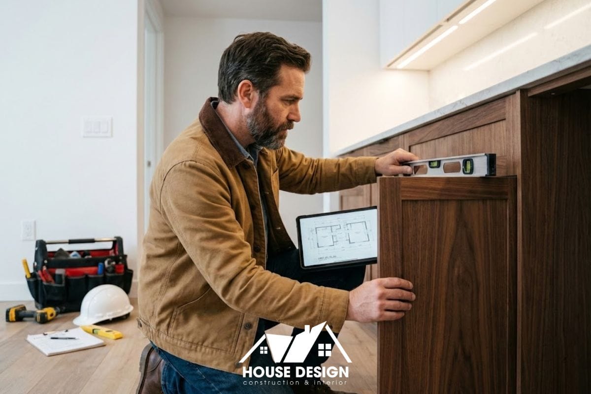 Kiến trúc sư đang kiểm tra chi tiết thi công thực tế tại căn hộ chung cư đang hoàn thiện.