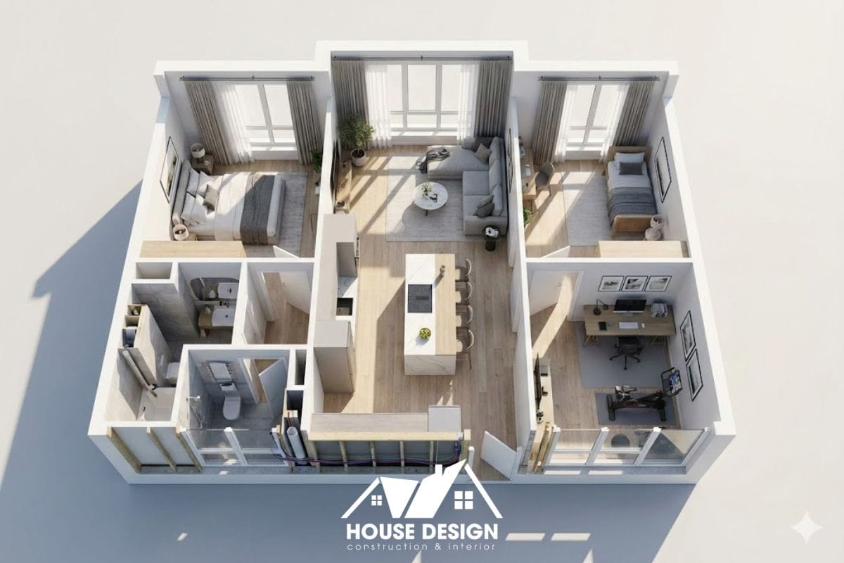 : Bản vẽ 3D nội thất căn hộ 85m2 có bếp đảo trung tâm