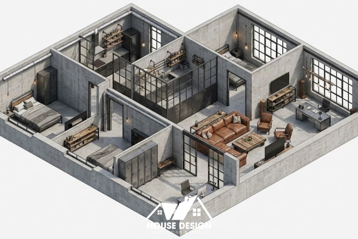 Phối cảnh 3D căn hộ Industrial 120m2 cá tính với không gian làm việc