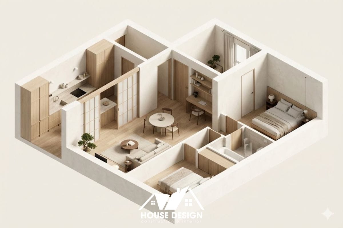 Thiết kế 3D căn hộ Japandi 110m2 với bếp bán mở linh hoạt