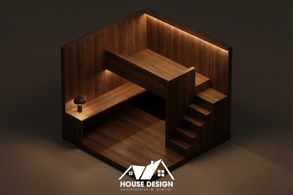 thiết kế 3D căn hộ 15m2 tối giản tông gỗ trầm phong cách khách sạn