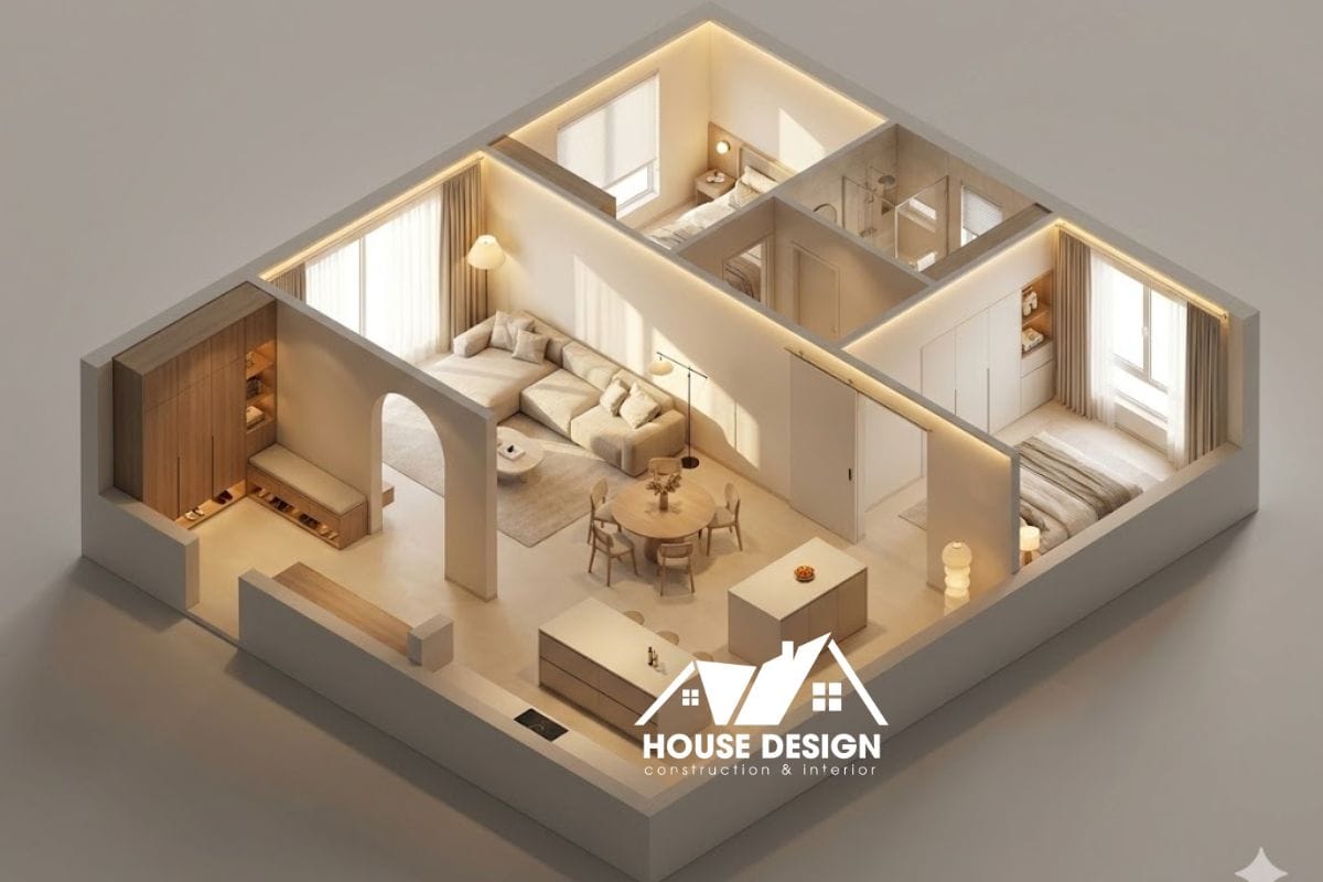 Phối cảnh 3D căn hộ 110m2 có sảnh đón và vùng đệm riêng tư