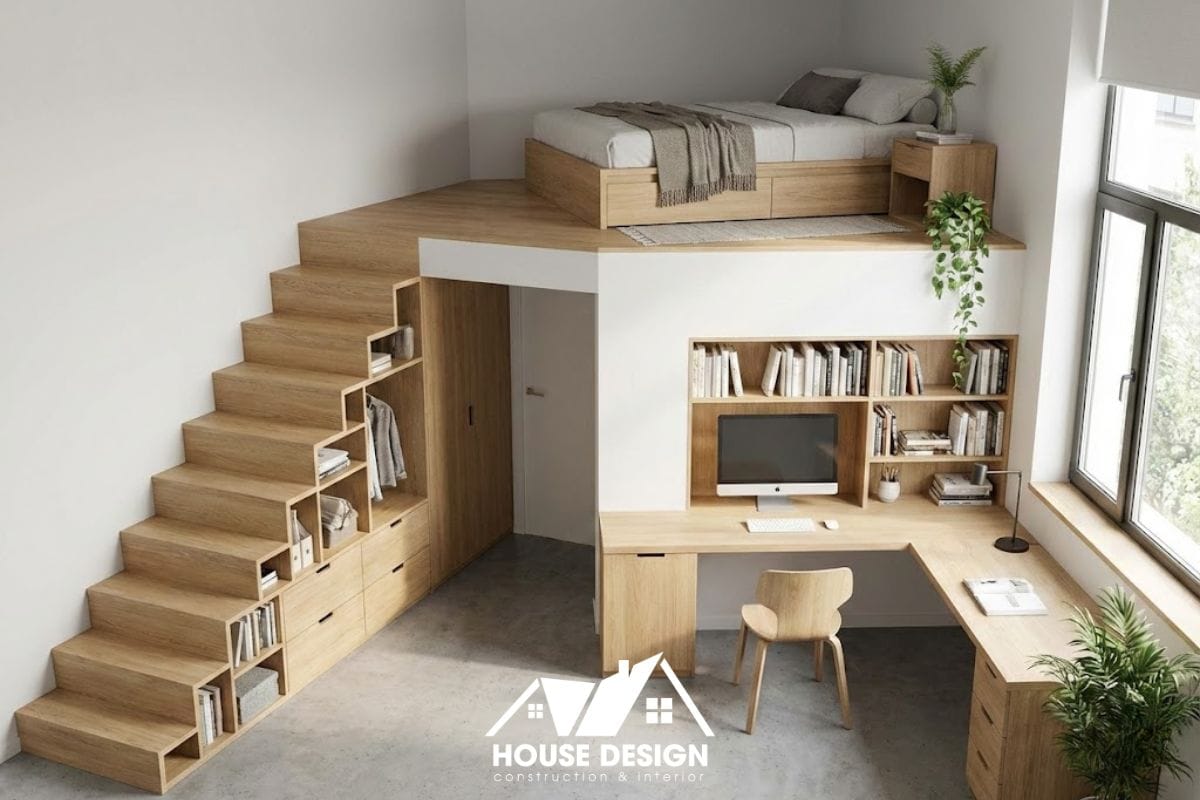 bản vẽ 3D căn hộ gác lửng 15m2 có bàn làm việc chữ L ôm góc bên dưới